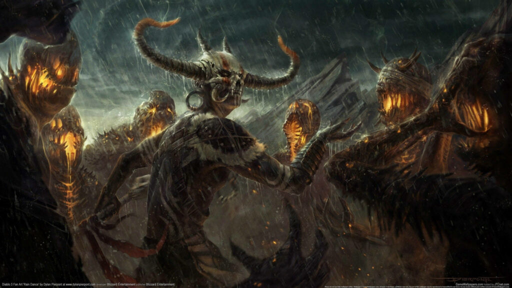 Dark Fantasy Wallpaper: Horned Warrior vs. Fiery Creatures Battle