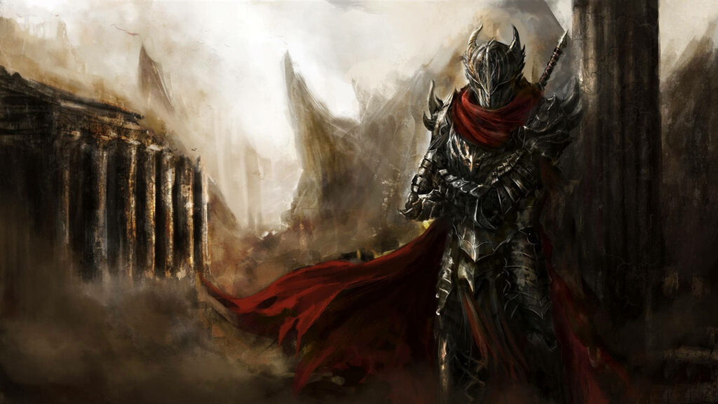Formidable knight in dark armor with red cape stands in ancient ruins epic mysterious scene Wallpaper