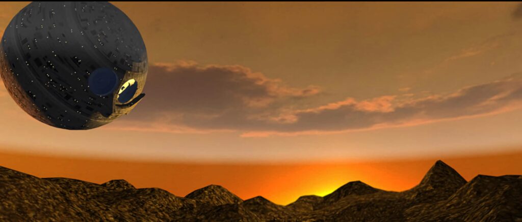 Dramatic sunset over rugged mountains with Sonic series Death Egg hovering in warm tones wallpaper