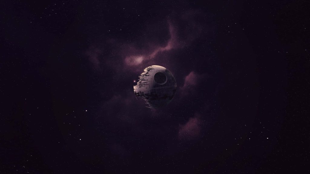 Death Star incomplete in deep purple nebula with dark starry space cinematic Star Wars wallpaper