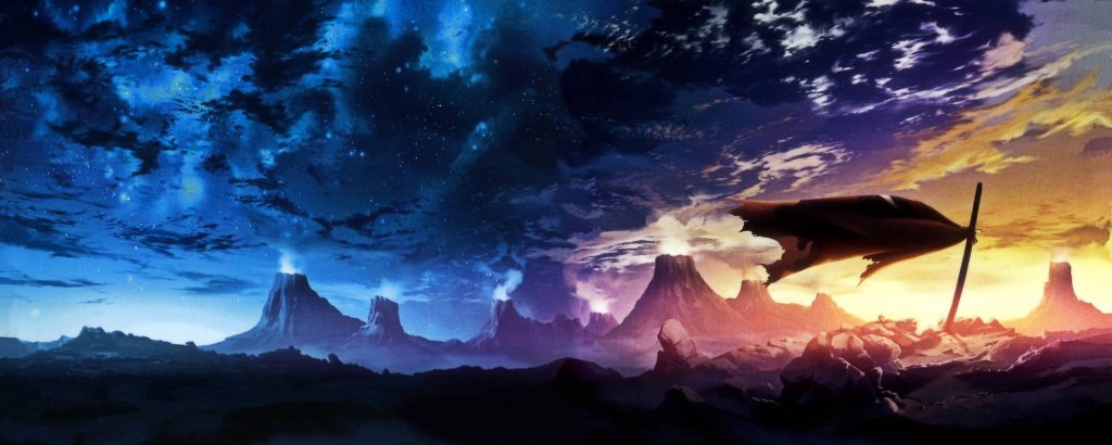 Demon Slayer wallpaper volcanic landscape erupting mountains sword with red cape sunset sky