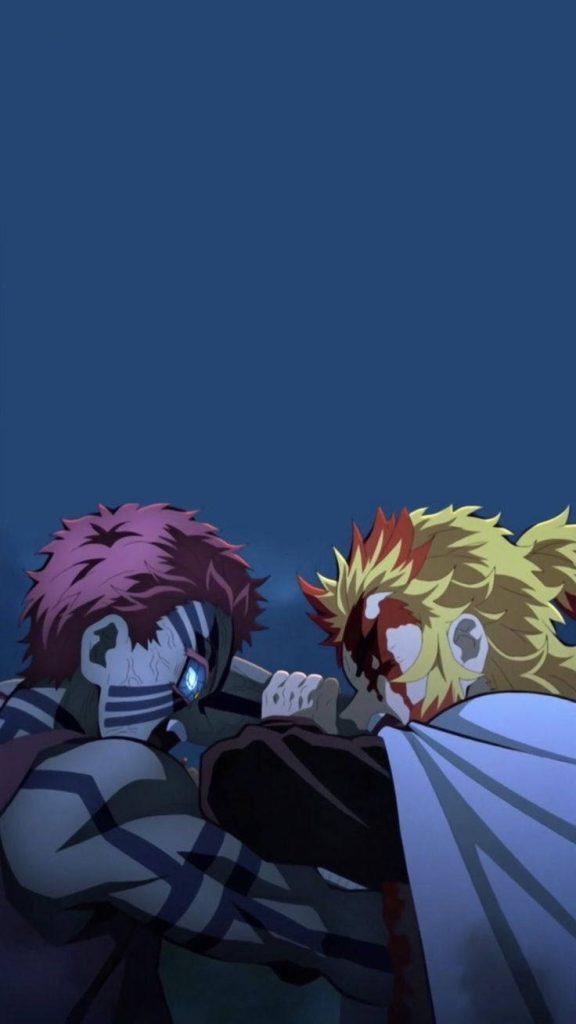 Kyojuro Rengoku versus Akaza intense battle anime wallpaper Mugen Train arc background