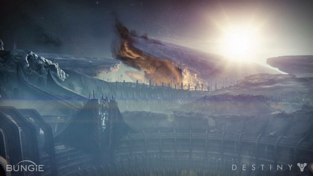 Epic Destiny Wallpaper: Otherworldly Landscape & Fiery Celestial Battle