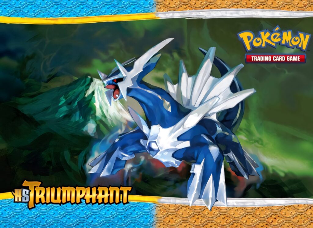 Epic Dialga wallpaper with bold metallic blues against vivid swirling green and blue background