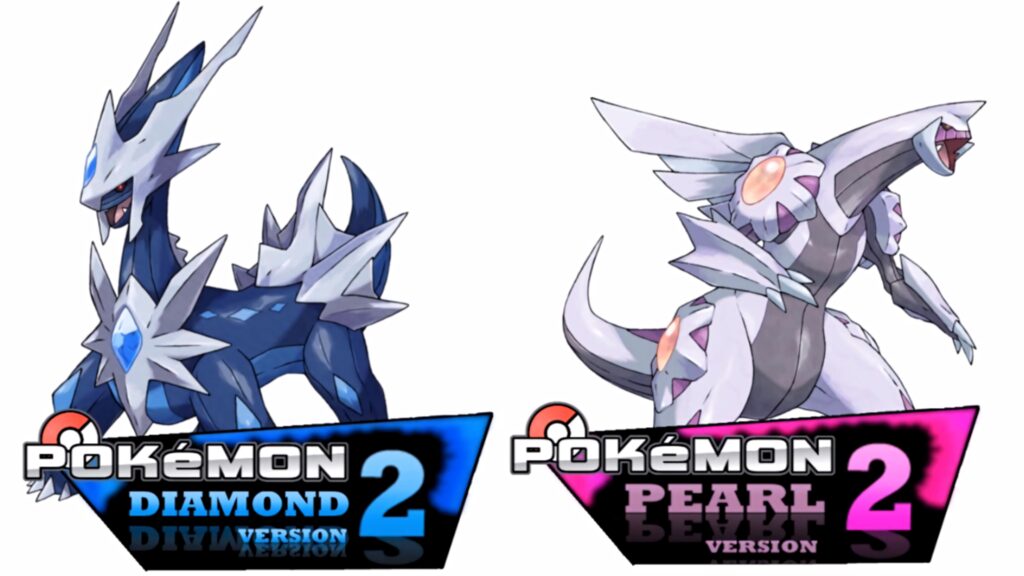 Dialga and Palkia clash in vibrant wallpaper with blue metallic and pink pearly forms Pokemon legend