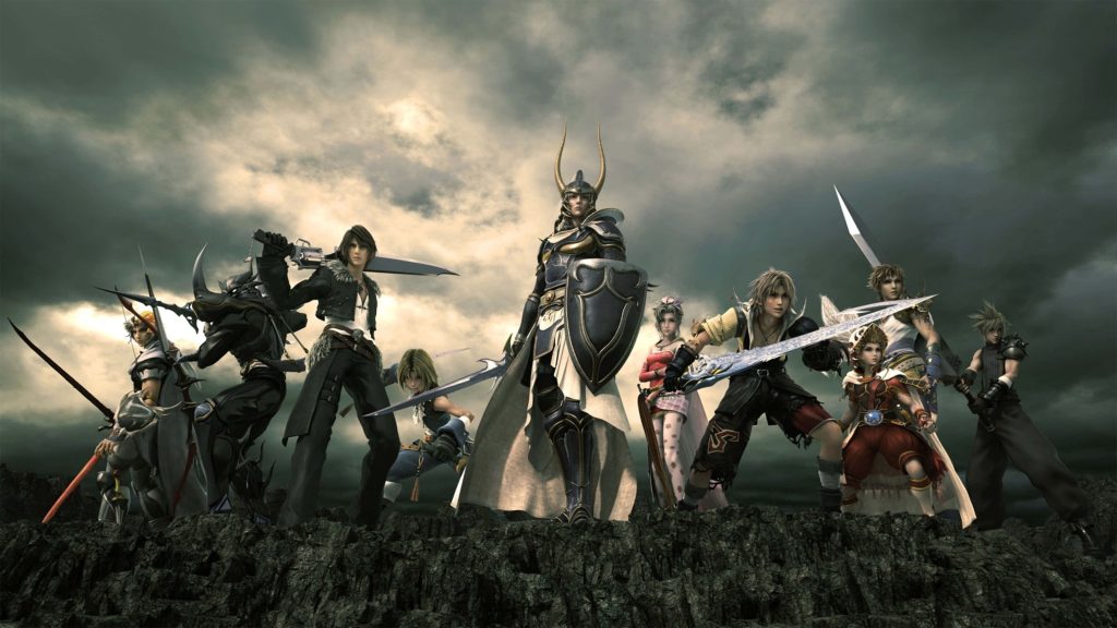 Final Fantasy Dissidia heroes Cloud Strife Squall Warrior of Light on cliffstorm cinematic wallpaper