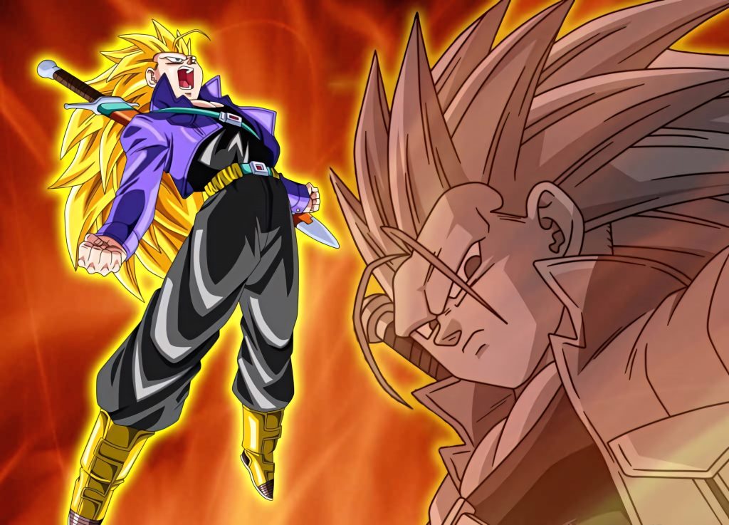 Future Trunks Dragon Ball Z fanart powering up glowing golden aura purple jacket sword wallpaper