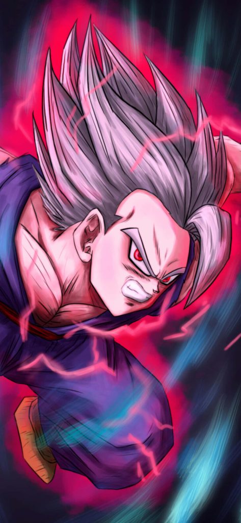 Dragon Ball Z Gohan with silver hair red eyes purple gi glowing pink red lightning iPhone background Wallpaper