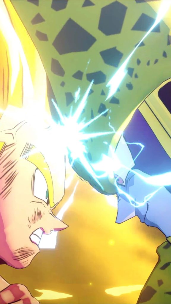 Angry Gohan vs Cell battle anime wallpaper with golden energy blue lightning intense clash