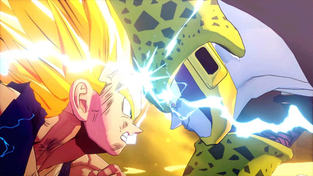 Super Saiyan 2 Gohan and Perfect Cell intense clash blue lightning golden energy Dragon Ball Z wallpaper