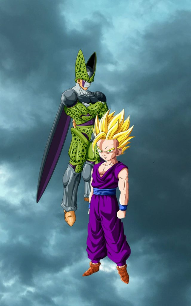 Super Saiyan 2 Gohan in purple gi faces Perfect Cell under stormy sky Dragon Ball Z wallpaper