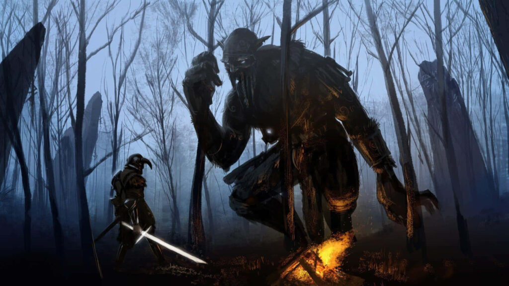 Epic Skyrim Wallpaper: Dragonborn vs. Giant in Eerie Forest