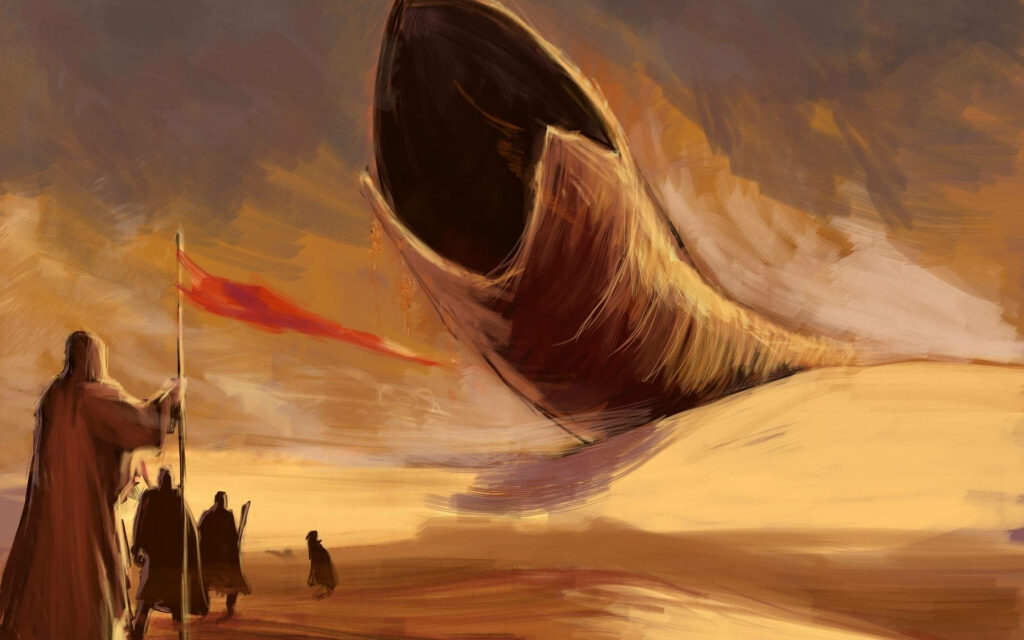 Epic Dune-Inspired Sandworm Wallpaper Background with Adventurous Figures