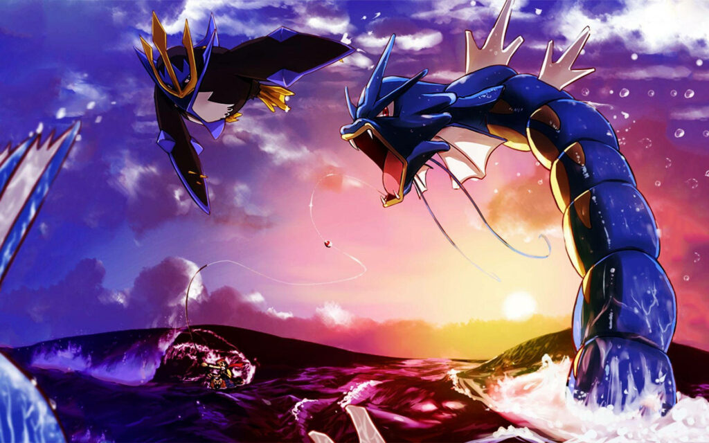 Epic Empoleon and Gyarados Sunset Wallpaper Background