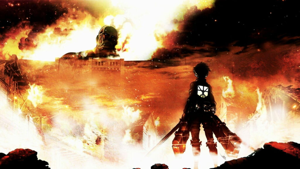 HD Wallpaper of Silhouetted Eren Yeager in Attack on Titan Battle Setting