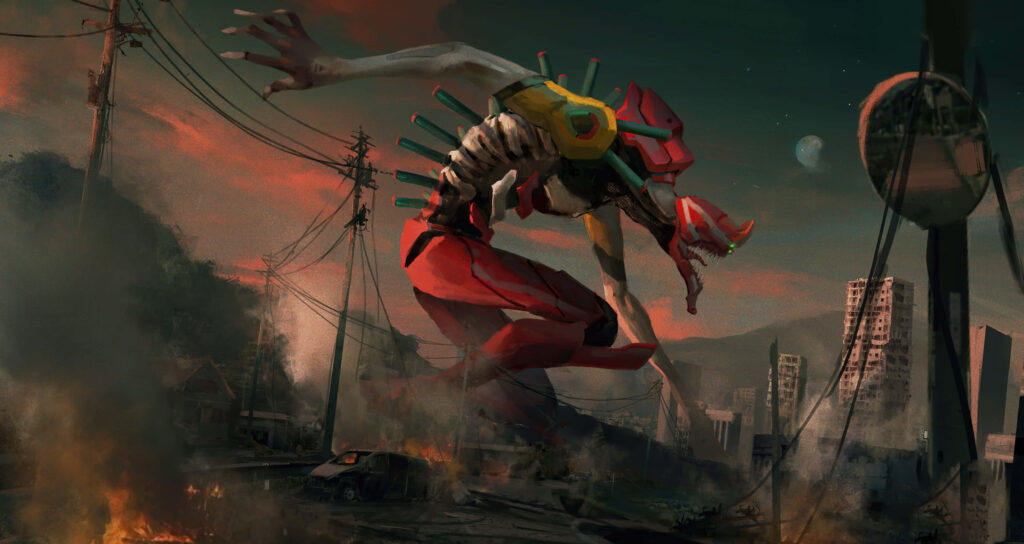 Giant Evangelion Unit towering over destroyed cityscape with red armor at smoky sunset Wallpaper