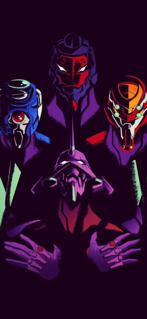 Four giant colorful Evangelion units with dramatic shadows on dark anime wallpaper background