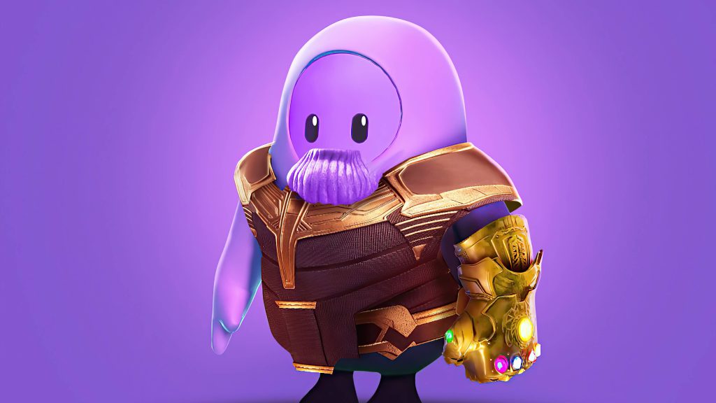 Epic 3D Fall Guys Thanos skin with gold armor and Infinity Gauntlet on smooth purple background Wallpaper