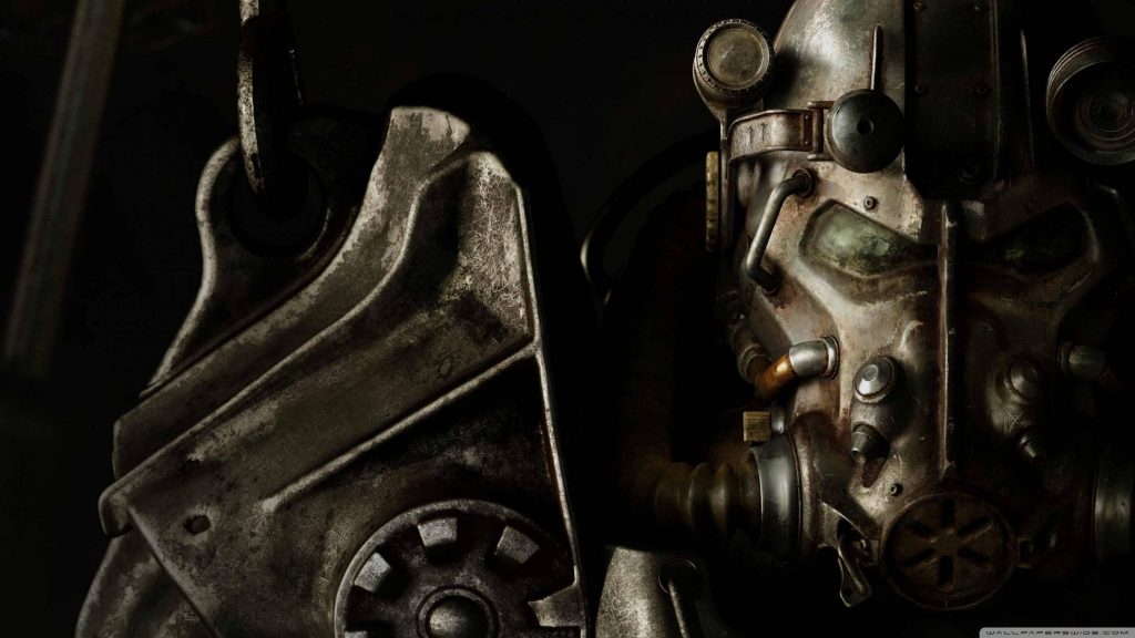 Close-up of weathered T-60 Power Armor helmet Brotherhood of Steel Paladin Fallout 4 CGI wallpaper