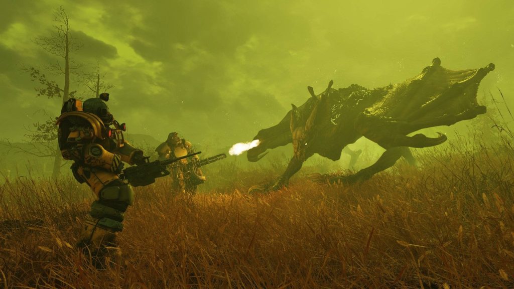 Fallout 76 Power Armor survivors battle winged Scorchbeast in toxic green radioactive wasteland Wallpaper