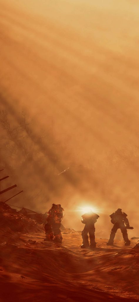 Three Power Armor figures in Fallout 76 CGI wallpaper with glowing dust and sun rays