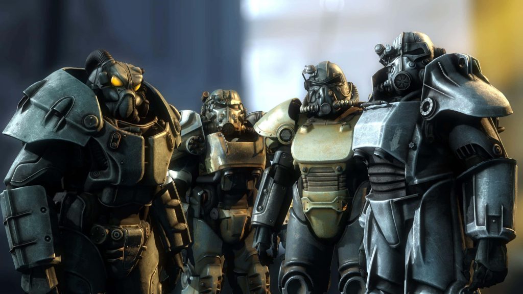 Fallout 76 wallpaper with four detailed Power Armor suits glowing yellow eyes post-apocalyptic