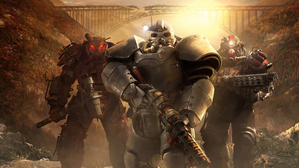 Fallout 76 wallpaper Power Armor warriors with heavy weapons in autumn Appalachian ruins sunlight