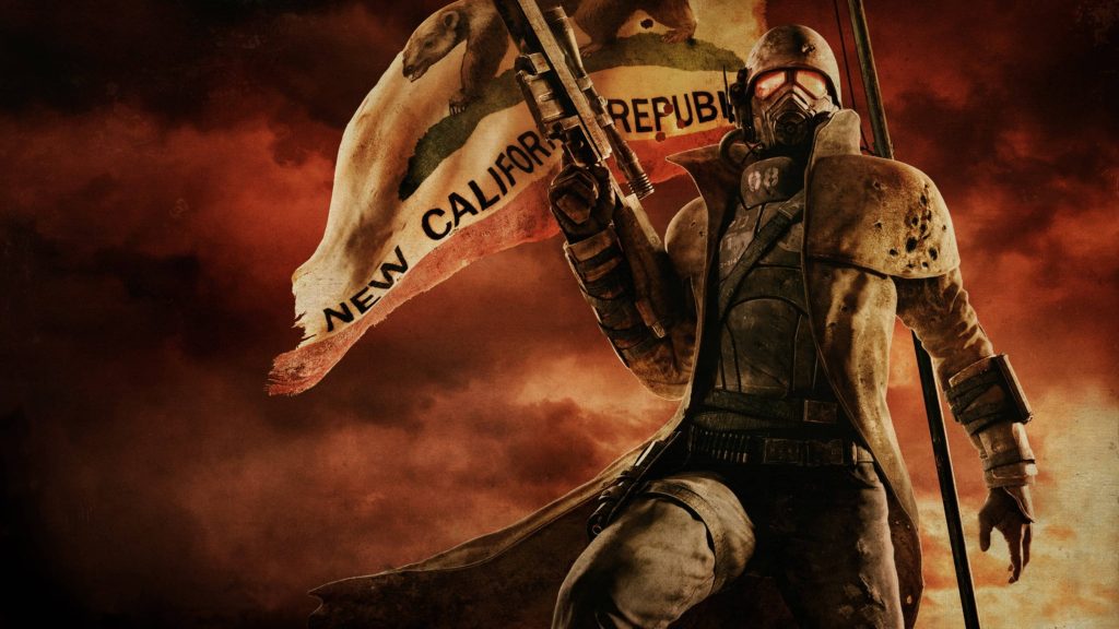 NCR Veteran Ranger in tattered duster with glowing helmet and scoped rifle in Fallout wallpaper
