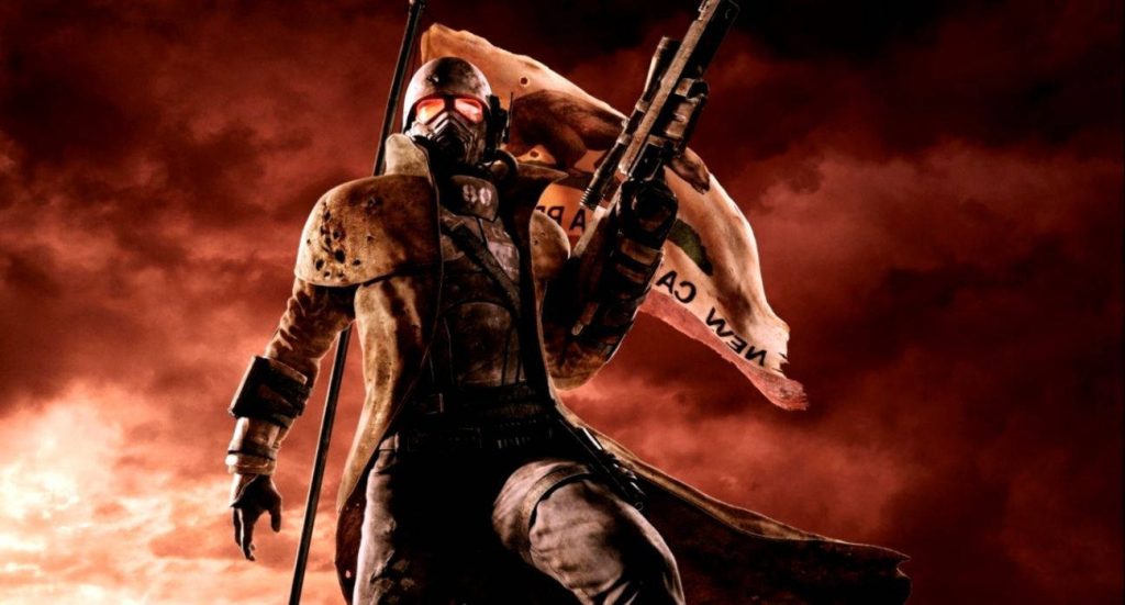 NCR Veteran Ranger with glowing mask and rifle under blood red sky New Vegas post-apocalyptic art Wallpaper