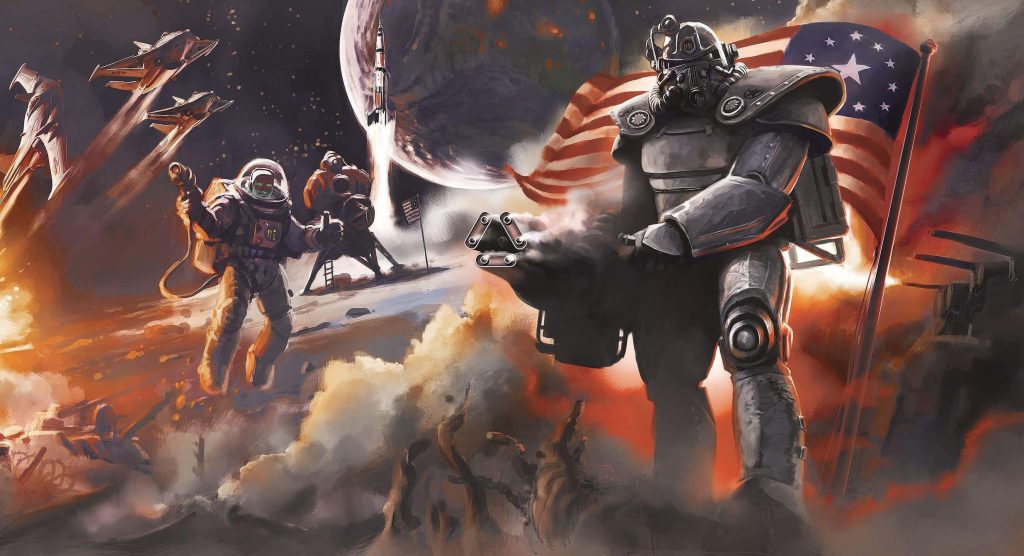 Retro-futuristic Fallout soldier in T-51 power armor with weapon near torn flag and lunar scene Wallpaper
