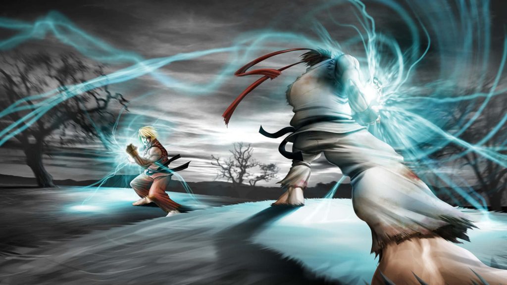 Epic fantasy battle of Street Fighter legends Ryu and Ken clashing with glowing blue energy Wallpaper