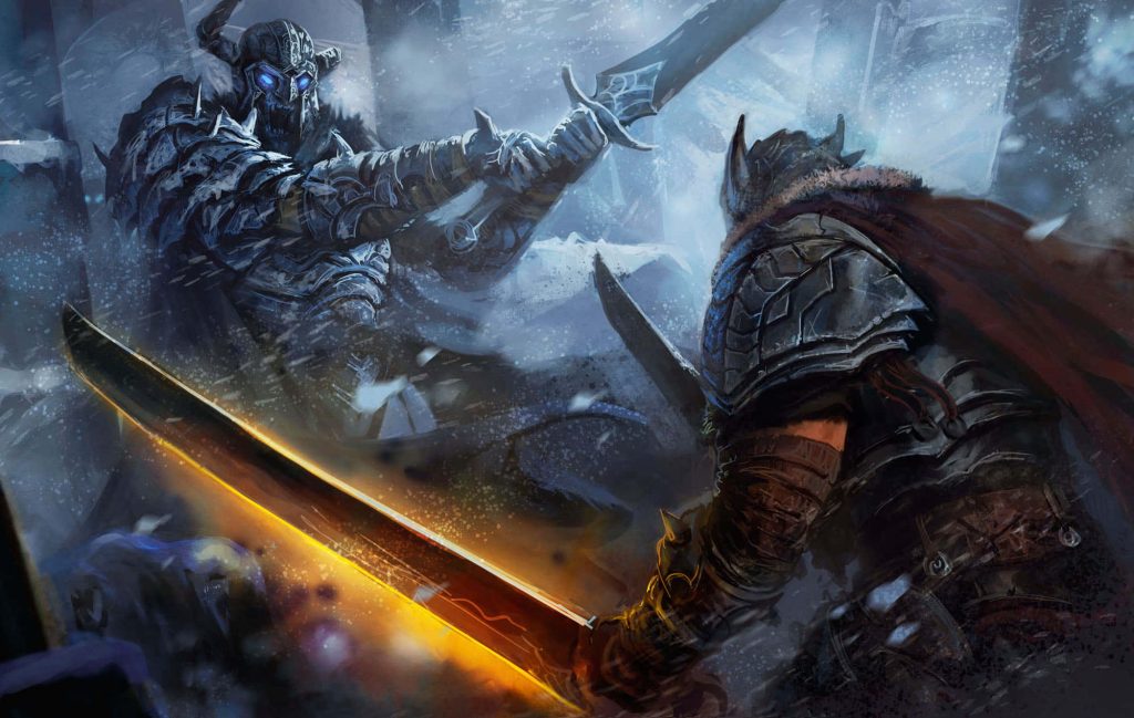 Epic fantasy battle wallpaper with glowing warrior sword fighting undead frost knight in blizzard