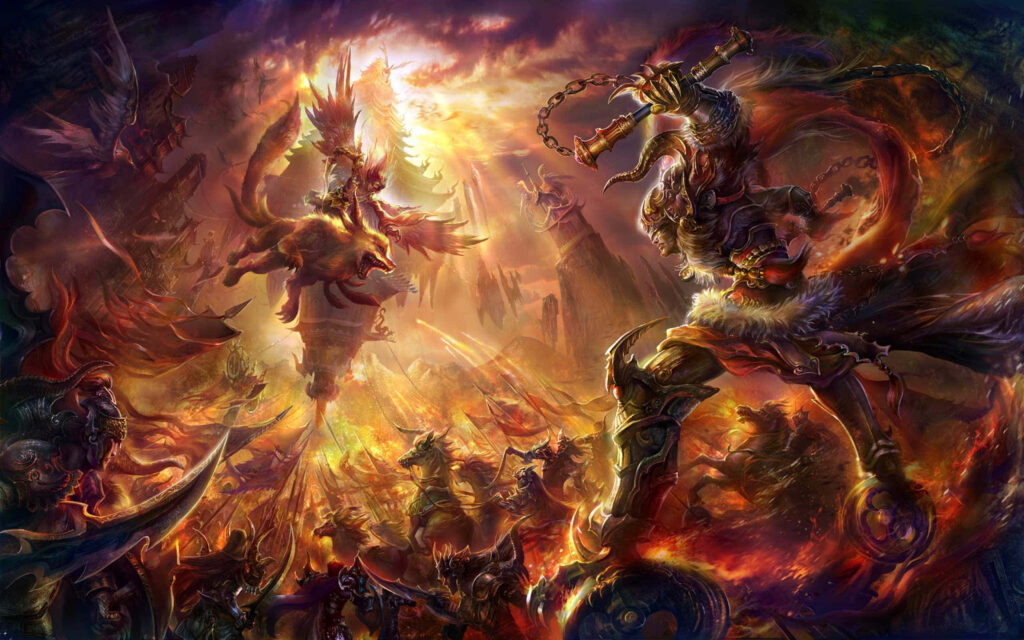 Epic fantasy battlefield with armored warriors and mythical creatures clashing under stormy sky Wallpaper