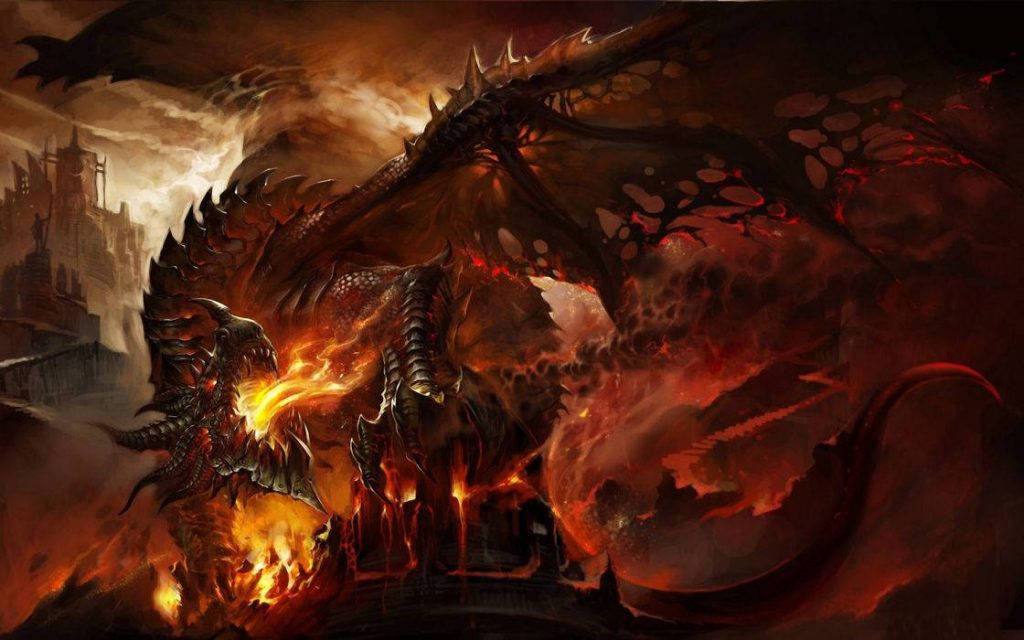Epic fantasy dragon breathing fire over molten landscape with dark fortress digital wallpaper