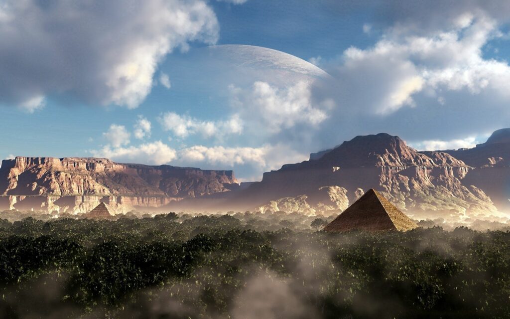 Fantasy wallpaper of mystical pyramids in misty forest canyons with mountains and alien planet