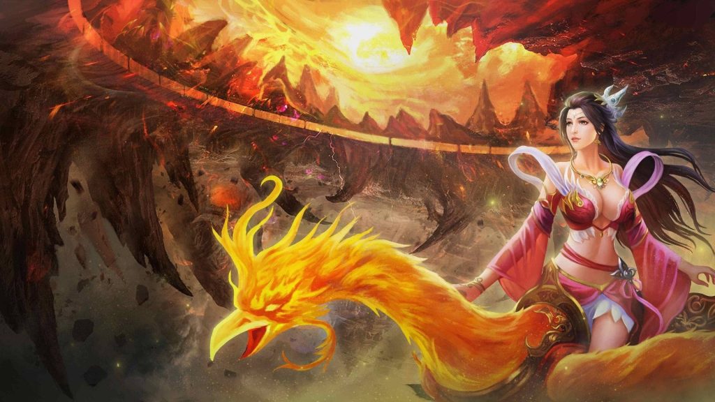 Epic fantasy warrior in red with radiant phoenix on volcanic glowing landscape wallpaper background