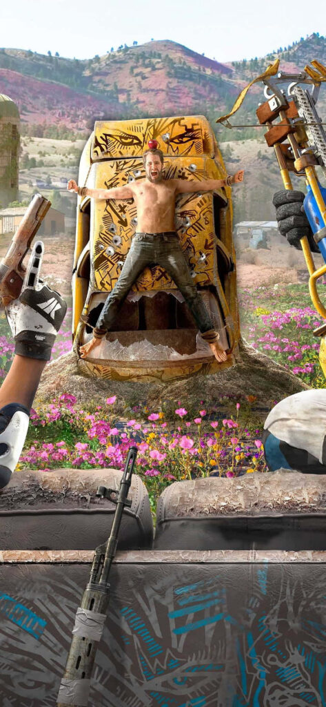 Seeds of Reckoning: Captivating Far Cry New Dawn Image Showcasing Joseph Seed Bound on a Vibrant Yellow Car Wallpaper