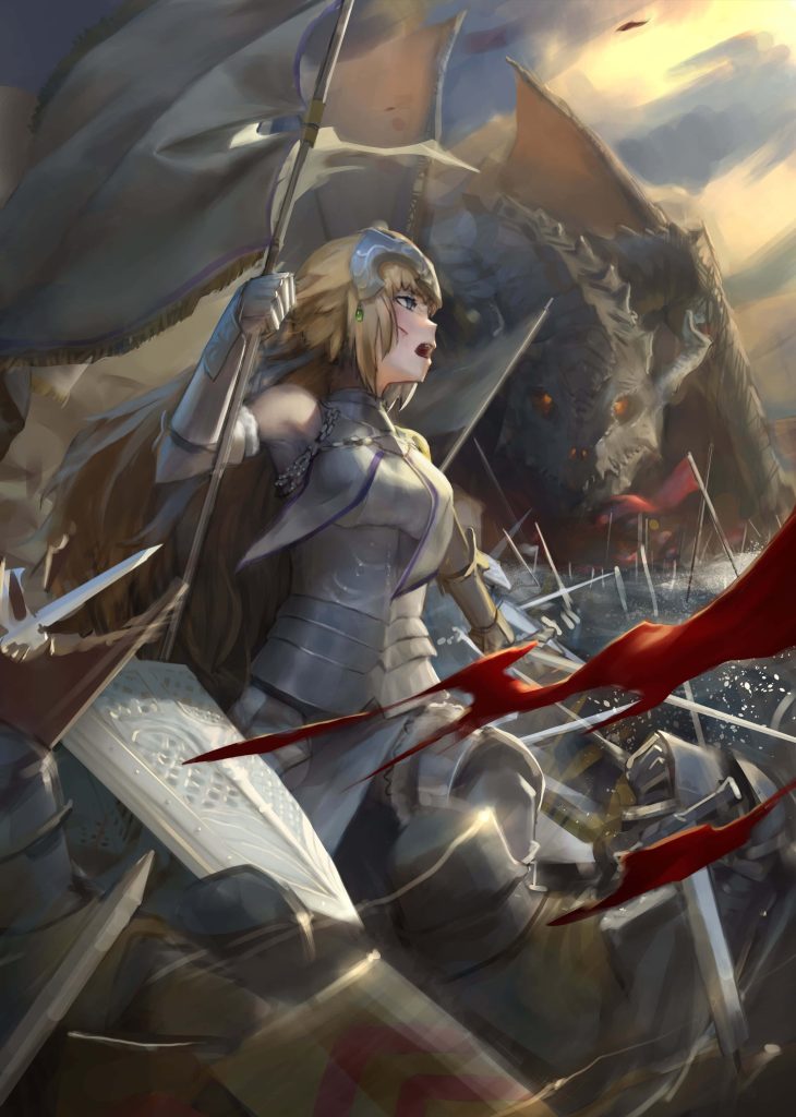 Jeanne d'Arc in radiant armor with banner and dragon on war-torn battlefield Fate Grand Order wallpaper