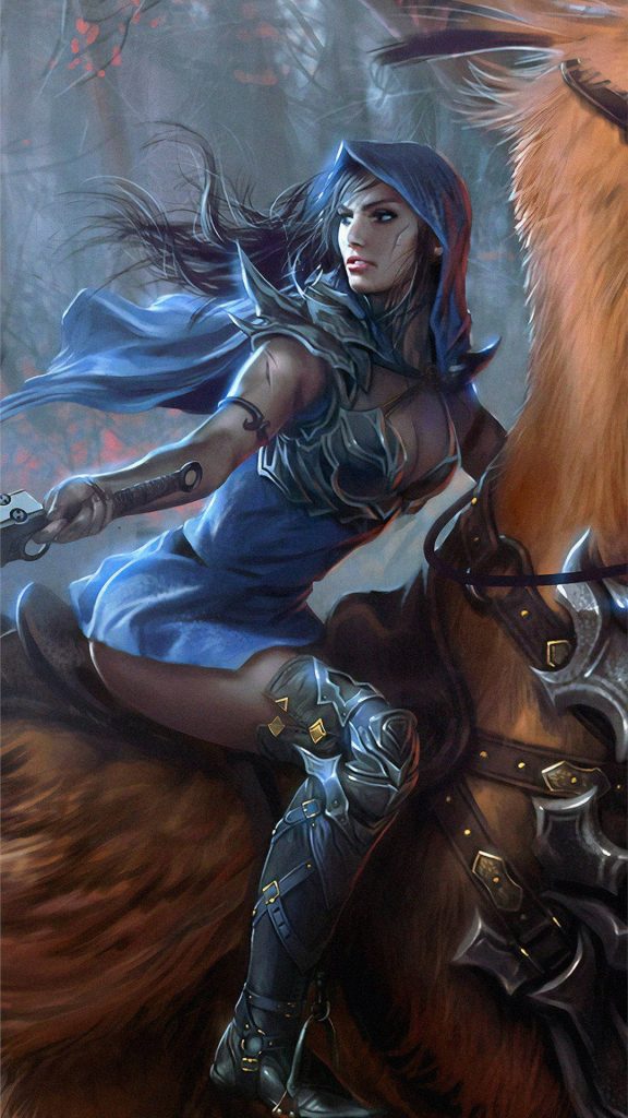 Female warrior in blue cloak riding brown Chocobo with pistol vibrant Final Fantasy wallpaper