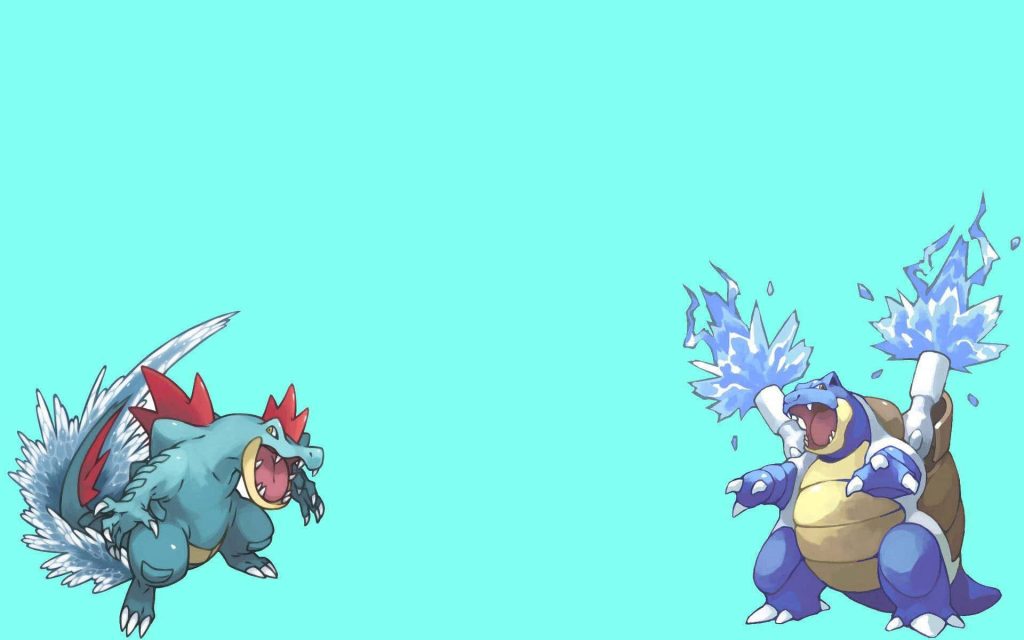 Epic Pokémon battle wallpaper of Feraligatr vs Blastoise with vibrant turquoise background