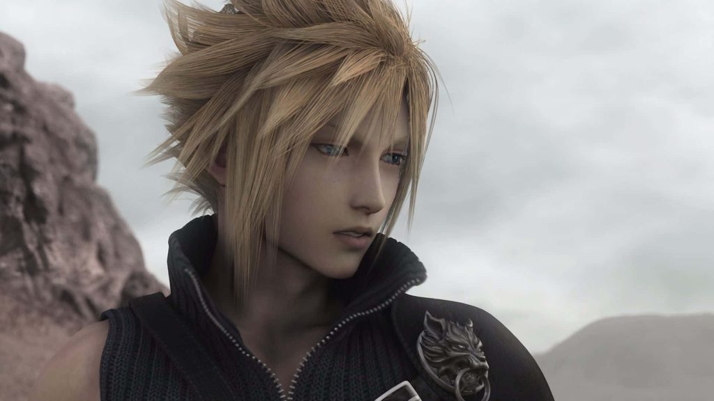 Cloud Strife 3D CGI wallpaper with spiky hair wolf emblem overcast background Final Fantasy VII