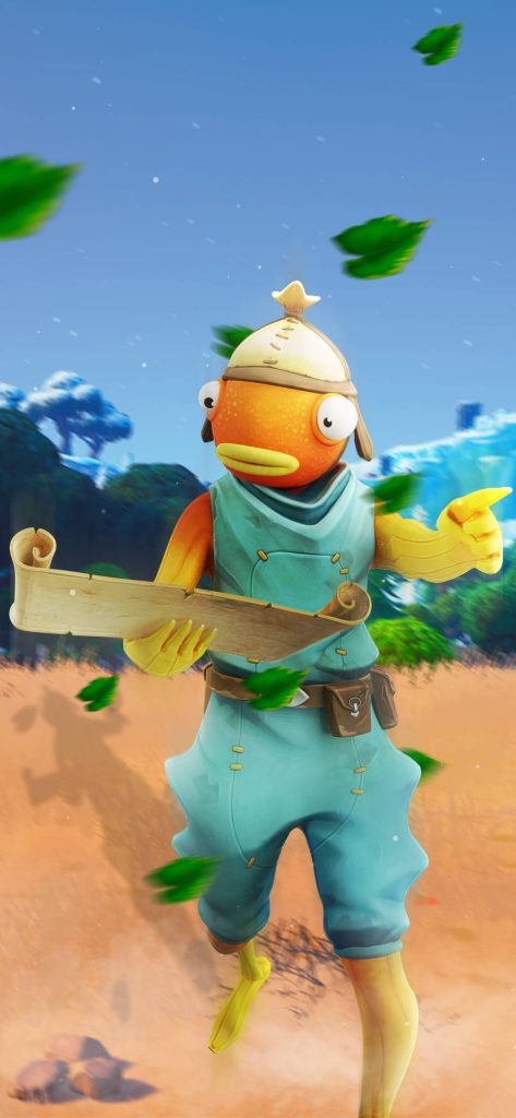 Fishstick Fortnite 3D wallpaper with character holding treasure map in sunny breezy landscape