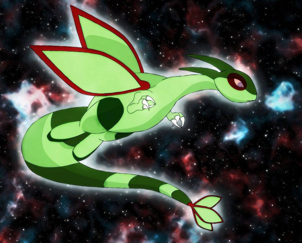 Flygon soaring in vibrant galaxy with stars and deep nebulae space-themed digital art wallpaper
