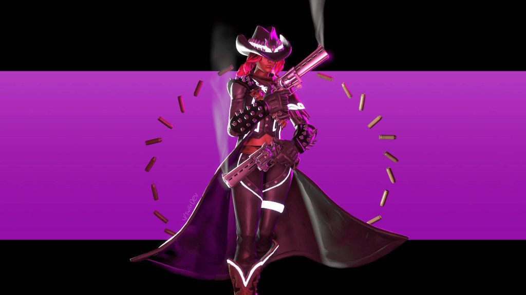 Fortnite Calamity skin wallpaper neon purple revolvers floating bullet casings CGI desktop