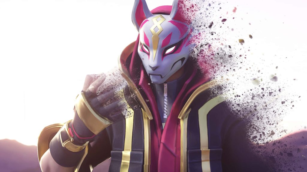 Fortnite Drift character with kitsune mask dissolving into dark rift particles 3D wallpaper