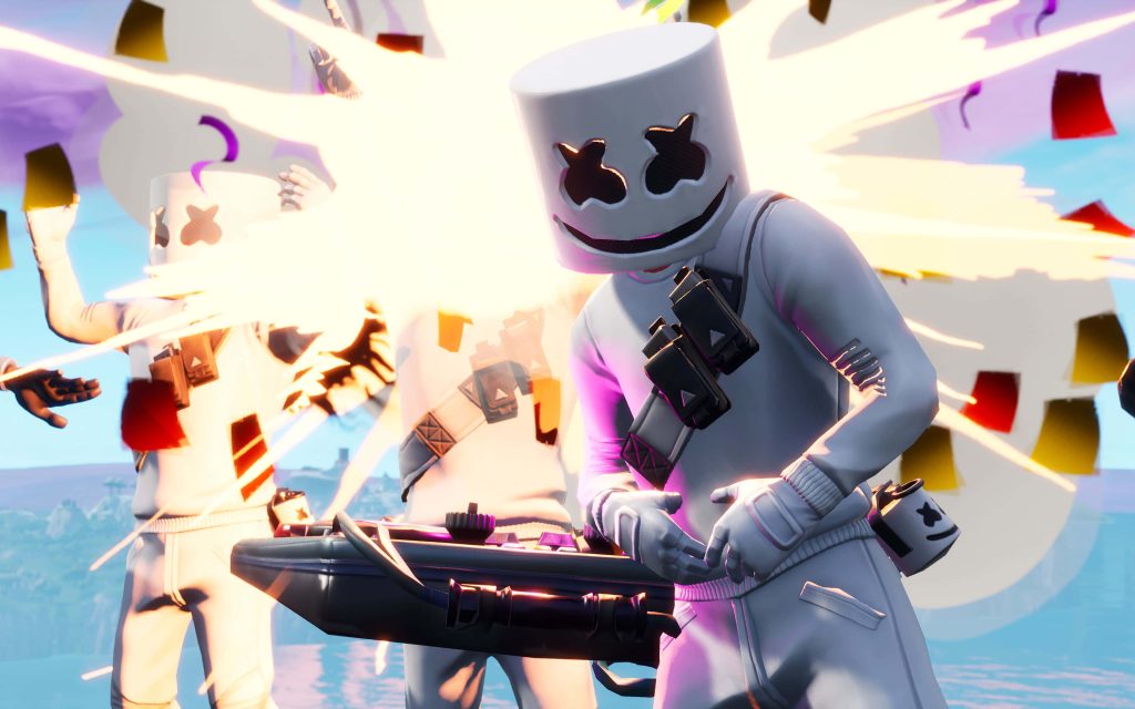 Epic Fortnite Marshmello concert wallpaper glowing DJ console vibrant stage lights confetti