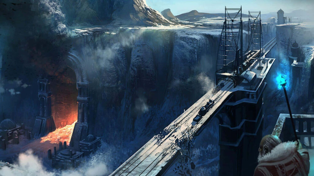 Epic Fortress Wallpaper: Mystical Bridge Over Chasm in Dramatic Landscape
