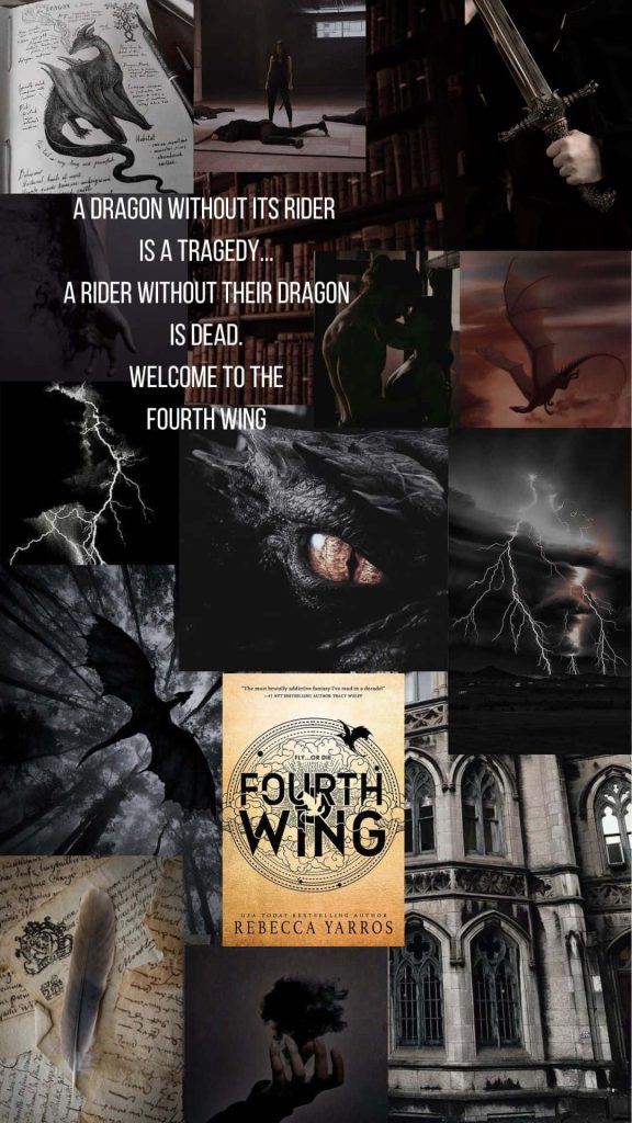 Dark fantasy Fourth Wing wallpaper with dragons gothic architecture and intense lightning effects