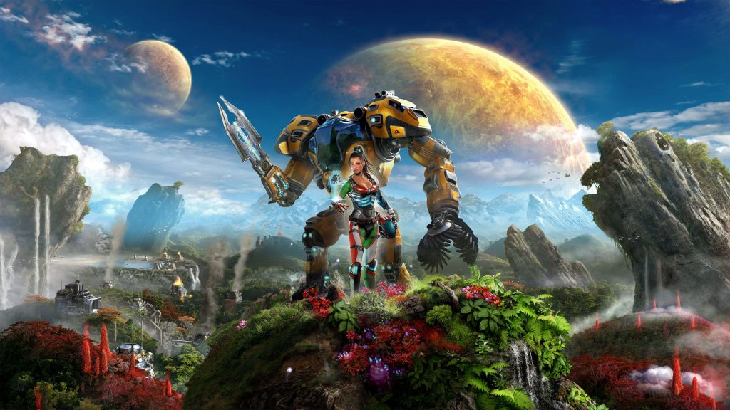 Futuristic pilot with giant yellow mech in lush alien world with floating mountains and stars Wallpaper
