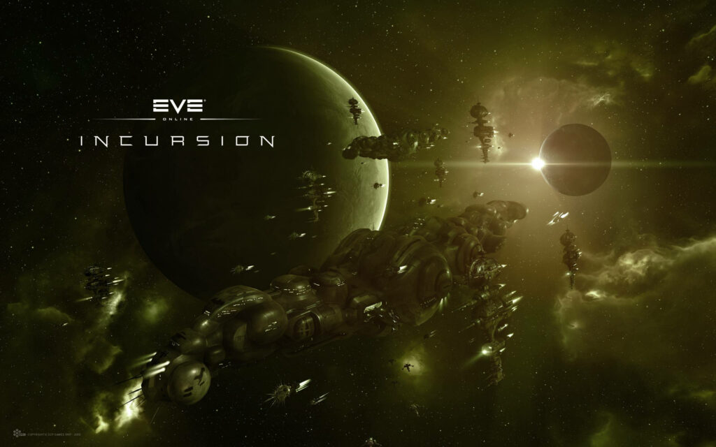 Futuristic spaceship fleet in deep space with distant planet and glowing sun EVE Online art wallpaper